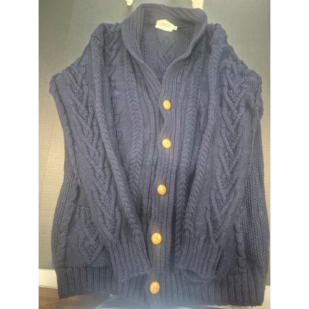 SAOL Ireland Navy Blue 100% Merino Wool Aran Cable Knit Shawl Cardigan XL